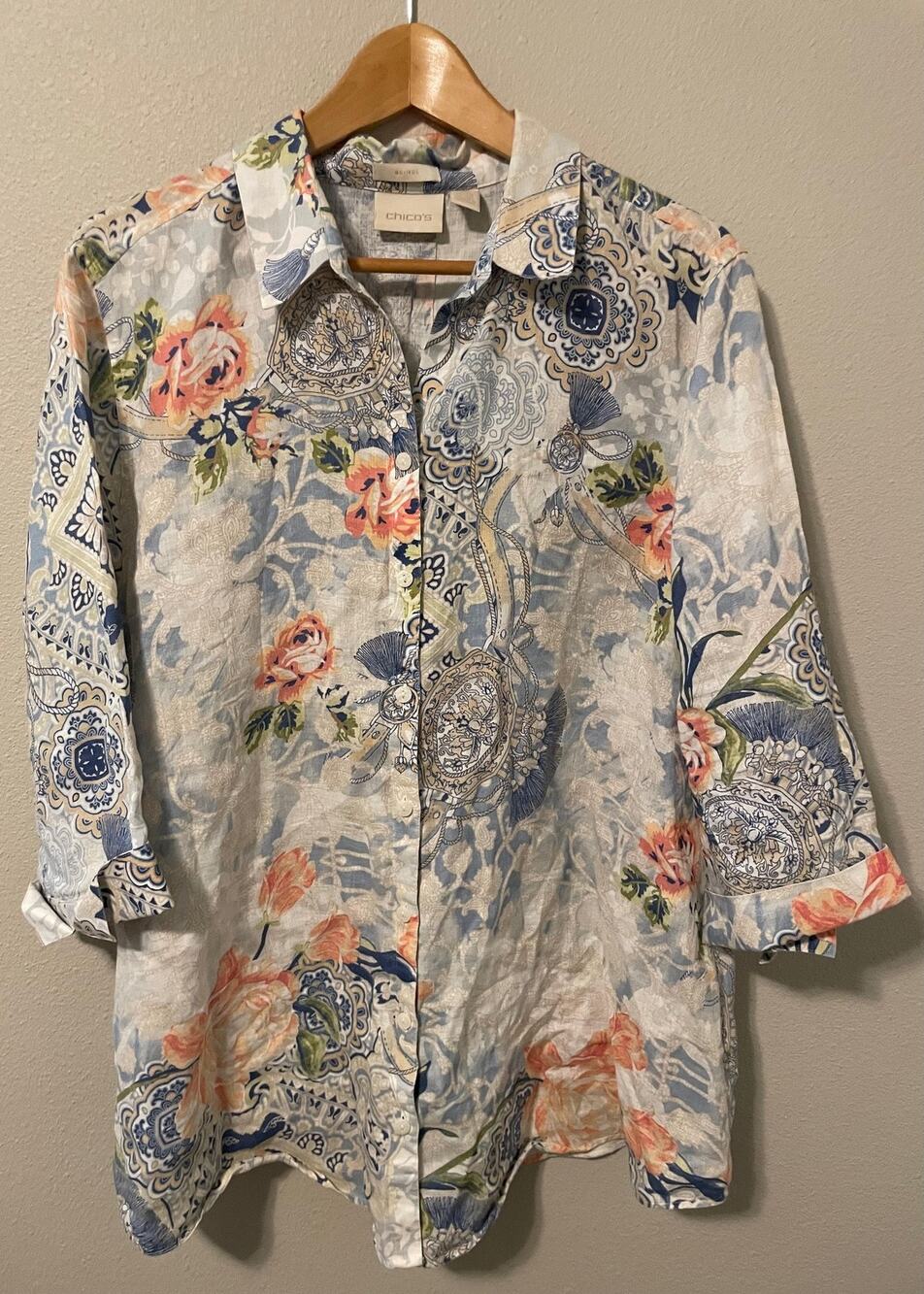 Chicos Button Up Tunic Top Womens 3 US XL Blue Floral Linen No Iron Artsy Boho